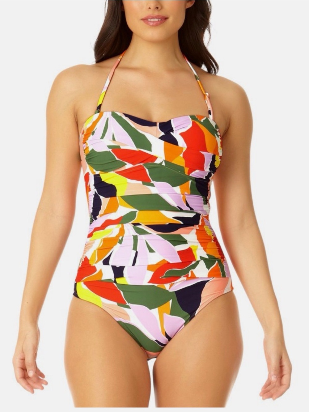 💕One Piece Halter Artsy Boho Swimsuit Twist-Front Ruched-Waist Abstract | Sz 10